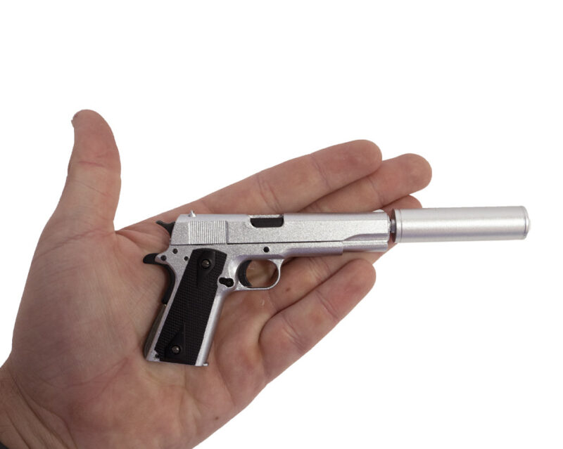 Product image: 1911SuppressorSilverGunHand.jpg